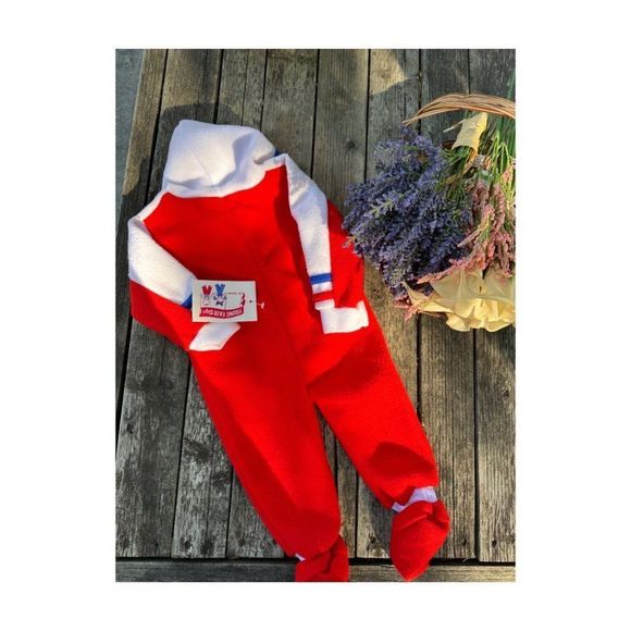 Vtg 70s Young Fair Togs Fleece Footy Pajamas Jumpsuit Hood Red White Blue 9/18M - Picture 7 of 7